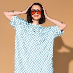 LALA ORIGINAL: Lex Ribbed Checkerboard Playsuit in Blue Skies 2X